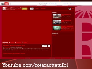 Nos
                                               Enco
                                                   ntre
                                             ibi
                                    ira Tatu
                          Lim   e
                     ract
                 Rota



Youtube.com/rotaracttatuibi
 
