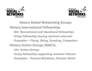 RotaryGlobalNetworkingGroups
      Rotary Global Networking Groups
•RotaryInternationalFellowships
   64 R        i    l dV        i   l f ll  hi
  •64+RecreationalandVocationalfellowships
  •Enjoyfellowshipsharingcommoninterests
  •Examples– Fl i
   E      l    Flying,Skiing,Scouting,Computers
                       Skii    S ti       C    t
•RotaryActionGroups(RAG’s)
   16 A ti G
  •16+ActionGroups
  •Enjoyfellowshipsupportingcommoninterest
  •Examples– PreventBlindness,DisasterRelief
  •Examples Prevent Blindness Disaster Relief
 
