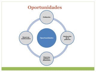 Oportunidades
Oportunidades
Población
Reducción
de la
pobreza
Materias
primas y
alimentos
Reservas
ambientales
 