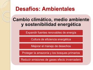Desafíos: Ambientales
Cambio climático, medio ambiente
y sostenibilidad energética
Expandir fuentes renovables de energía
Cultura de eficiencia energética
Mejorar el manejo de desechos
Proteger la amazonía y los bosques primarios
Reducir emisiones de gases efecto invernadero
 