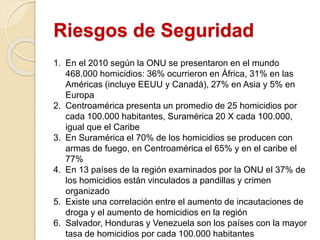 Riesgos de Seguridad
1. En el 2010 según la ONU se presentaron en el mundo
468.000 homicidios: 36% ocurrieron en África, 31% en las
Américas (incluye EEUU y Canadá), 27% en Asia y 5% en
Europa
2. Centroamérica presenta un promedio de 25 homicidios por
cada 100.000 habitantes, Suramérica 20 X cada 100.000,
igual que el Caribe
3. En Suramérica el 70% de los homicidios se producen con
armas de fuego, en Centroamérica el 65% y en el caribe el
77%
4. En 13 países de la región examinados por la ONU el 37% de
los homicidios están vinculados a pandillas y crimen
organizado
5. Existe una correlación entre el aumento de incautaciones de
droga y el aumento de homicidios en la región
6. Salvador, Honduras y Venezuela son los países con la mayor
tasa de homicidios por cada 100.000 habitantes
 