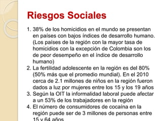 Riesgos Sociales
1. 38% de los homicidios en el mundo se presentan
en países con bajos índices de desarrollo humano.
(Los países de la región con la mayor tasa de
homicidios con la excepción de Colombia son los
de peor desempeño en el índice de desarrollo
humano)
2. La fertilidad adolescente en la región es del 80%
(50% más que el promedio mundial). En el 2010
cerca de 2.1 millones de niños en la región fueron
dados a luz por mujeres entre los 15 y los 19 años
3. Según la OIT la informalidad laboral puede afectar
a un 53% de los trabajadores en la región
4. El número de consumidores de cocaína en la
región puede ser de 3 millones de personas entre
 