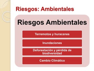 Riesgos: Ambientales
Riesgos Ambientales
Terremotos y huracanes
Inundaciones
Deforestación y pérdida de
biodiversidad
Cambio Climático
 