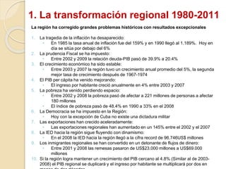 1. La transformación regional 1980-2011
La región ha corregido grandes problemas históricos con resultados excepcionales
1. La tragedia de la inflación ha desaparecido:
• En 1985 la tasa anual de inflación fue del 159% y en 1990 llegó al 1.189%. Hoy en
día se sitúa por debajo del 6%
2. La prudencia Fiscal se ha impuesto:
• Entre 2002 y 2009 la relación deuda-PIB pasó de 39.9% a 20.4%
3. El crecimiento económico ha sido estable:
• Entre 2003 y 2007 la región tuvo un crecimiento anual promedio del 5%, la segunda
mejor tasa de crecimiento después de 1967-1974
4. El PIB per cápita ha venido mejorando:
• El ingreso por habitante creció anualmente en 4% entre 2003 y 2007
5. La pobreza ha venido perdiendo espacio:
• Entre 2002 y 2008 la pobreza pasó de afectar a 221 millones de personas a afectar
180 millones
• El índice de pobreza pasó de 48.4% en 1990 a 33% en el 2008
6. La Democracia se ha impuesto en la Región:
• Hoy con la excepción de Cuba no existe una dictadura militar
7. Las exportaciones han crecido aceleradamente:
• Las exportaciones regionales han aumentado en un 145% entre el 2002 y el 2007
8. La IED hacia la región sigue fluyendo con dinamismo:
• En el 2008 la IED hacia la región llegó a la cifra record de 96.746US$ millones
9. Los inmigrantes regionales se han convertido en un detonante de flujos de dinero:
• Entre 2001 y 2008 las remesas pasaron de US$23.000 millones a US$69.000
millones
10. Si la región logra mantener un crecimiento del PIB cercano al 4.8% (Similar al de 2003-
2008) el PIB regional se duplicará y el ingreso por habitante se multiplicará por dos en
 