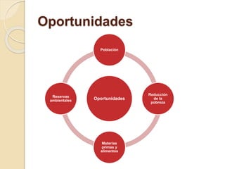 Oportunidades
Oportunidades
Población
Reducción
de la
pobreza
Materias
primas y
alimentos
Reservas
ambientales
 