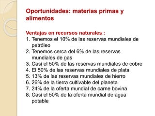 Oportunidades: materias primas y
alimentos
Ventajas en recursos naturales :
1. Tenemos el 10% de las reservas mundiales de
petróleo
2. Tenemos cerca del 6% de las reservas
mundiales de gas
3. Casi el 50% de las reservas mundiales de cobre
4. El 50% de las reservas mundiales de plata
5. 13% de las reservas mundiales de hierro
6. 26% de la tierra cultivable del planeta
7. 24% de la oferta mundial de carne bovina
8. Casi el 50% de la oferta mundial de agua
potable
 