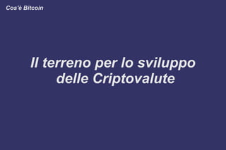 Cos'è Bitcoin
Il terreno per lo sviluppo
delle Criptovalute
 