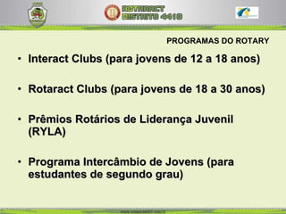 PROGRAMAS DO ROTARY Interact Clubs (para jovens de 12 a 18 anos)  Rotaract Clubs (para jovens de 18 a 30 anos)  Prêmios Rotários de Liderança Juvenil (RYLA)  Programa Intercâmbio de Jovens (para estudantes de segundo grau) 