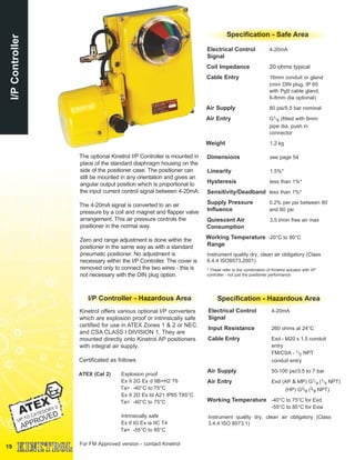19
I/PController
Specification - Safe Area
Electrical Control 4-20mA
Signal
Coil Impedance 20 ohms typical
Cable Entry 16mm conduit or gland
(mini DIN plug, IP 65
with Pg9 cable gland,
6-8mm dia optional)
Air Supply 80 psi/5.5 bar nominal
Air Entry G1/8 (fitted with 6mm
pipe dia. push in
connector
Weight 1.2 kg
Dimensions see page 54
Linearity 1.5%*
Hysteresis less than 1%*
Sensitivity/Deadband less than 1%*
Supply Pressure 0.2% per psi between 80
Influence and 60 psi
Quiescent Air 3.5 l/min free air max
Consumption
Working Temperature -20°C to 80°C
Range
Instrument quality dry, clean air obligatory (Class
6.4.4 ISO8573.2001)
* These refer to the combination of Kinetrol actuator with I/P
controller - not just the positioner performance
The optional Kinetrol I/P Controller is mounted in
place of the standard diaphragm housing on the
side of the positioner case. The positioner can
still be mounted in any orientation and gives an
angular output position which is proportional to
the input current control signal between 4-20mA.
The 4-20mA signal is converted to an air
pressure by a coil and magnet and flapper valve
arrangement. This air pressure controls the
positioner in the normal way.
Zero and range adjustment is done within the
positioner in the same way as with a standard
pneumatic positioner. No adjustment is
necessary within the I/P Controller. The cover is
removed only to connect the two wires - this is
not necessary with the DIN plug option.
Specification - Hazardous Area
Electrical Control 4-20mA
Signal
Input Resistance 260 ohms at 24°C
Cable Entry Exd - M20 x 1.5 conduit
entry
FM/CSA - 1/2 NPT
conduit entry
Air Supply 50-100 psi/3.5 to 7 bar
Air Entry Exd (AP & MP) G1/4 (1/4 NPT)
(HP) G3/8 (3/8 NPT)
Working Temperature -40°C to 75°C for Exd
-55°C to 85°C for Exia
Instrument quality dry, clean air obligatory (Class
3.4.4 ISO 8573.1)
I/P Controller - Hazardous Area
Kinetrol offers various optional I/P converters
which are explosion proof or intrinsically safe
certified for use in ATEX Zones 1 & 2 or NEC
and CSA CLASS I DIVISION 1. They are
mounted directly onto Kinetrol AP positioners
with integral air supply.
Certificated as follows
ATEX (Cat 2) Explosion proof
Ex II 2G Ex d IIB+H2 T6
Ta= -40°C to 75°C
Ex II 2D Ex td A21 IP65 T85°C
Ta= -40°C to 75°C
Intrinsically safe
Ex II IG Ex ia IIC T4
Ta= -55°C to 85°C
For FM Approved version - contact Kinetrol
 