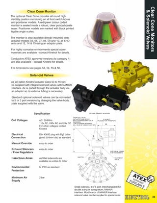 20
ClearConeMonitors
&SolenoidValves
Clear Cone Monitor
The optional Clear Cone provides all round high
visibility position monitoring on all limit switch boxes
and positioner models. A red/green colour coded
monitor is sealed inside a robust, clear polycarbonate
cover. Positioner models are marked with black printed
legible angle scales.
The monitor is also available directly mounted onto
actuator models 03, 05, 07, 08, 09 and 10, all EHD
units and 12, 14 & 15 using an adaptor plate.
For highly corrosive environments special cover
materials are available - contact Kinetrol for details.
Conductive ATEX approved versions (to category 1)
are also available - contact Kinetrol for details.
For dimensions see pages 53, 54, 55 & 56.
Solenoid Valves
As an option Kinetrol actuator sizes 03 to 15 can
be supplied with integral solenoid valves with NAMUR
interface. Air is ported through the actuator body via
an adaptor so no external tubing is necessary.
Standard optional solenoid valves can be converted
to 5 or 3 port versions by changing the valve body
plate supplied with the valve.
Specification
Coil Voltages AC: 50/60Hz
110v AC, 240v AC and 24v DC
For other voltages contact
Kinetrol
Electrical DIN 43650 plug with Pg9 cable
Connection gland (6-8mm dia) as standard
Manual Override extra to order
Exhaust Silencers extra to order
/ Flow Regulators
Hazardous Areas certified solenoids are
available as extras to order
Environmental to IP65 as standard
Protection
Minimum Air 2 bar
Supply
Single solenoid, 3 or 5 port, interchangeable for
double acting or spring return, NAMUR
interface. Most brands of NAMUR interface
solenoid valve can be supplied to special order.
VALVE BODY
PLATE
ADAPTOR
COIL CAN BE TURNED
IN 90° INCREMENTS
115
85
G 1/4 INLET
(PLUGGED FOR TRANSPORT)
5 PORT SOL. VALVE
(ACTUATOR VANE MOVES
ANTI-CLOCKWISE WHEN COIL IS
ENERGISED
- FOR CLOCKWISE MOVEMENT
SOL. VALVE IS TURNED THRO' 180°)
OPTIONAL EXHAUST SILENCERS
 