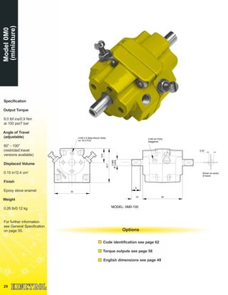 3610
2 M5 Air Ports
staggered
5.990
5.978Ø
8
29
Model0M0
(miniature)
Specification
Output Torque
8.0 lbf ins/0.9 Nm
at 100 psi/7 bar
Angle of Travel
(adjustable)
80° - 100°
(restricted travel
versions available)
Displaced Volume
0.15 in3
/2.4 cm3
Finish
Epoxy stove enamel
Weight
0.26 lb/0.12 kg
For further information
see General Specification
on page 50.
Code identification see page 62
Torque outputs see page 58
English dimensions see page 49
Options
32
12.5
4 M3 x 5 deep Mount Holes
on 16.0 PCD
30.7
Shown at centre
of travel
5.00
MODEL: 0M0-100
 