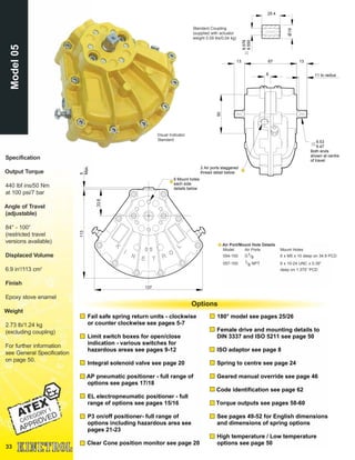 33
Standard Coupling
(supplied with actuator
weight 0.09 lbs/0.04 kg)
Air Port/Mount Hole Details
Model Air Ports Mount Holes
054-100 G1/8 6 x M5 x 10 deep on 34.9 PCD
057-100 1/8 NPT 6 x 10-24 UNC x 0.39”
deep on 1.375” PCD
Model05
Specification
Output Torque
440 lbf ins/50 Nm
at 100 psi/7 bar
Angle of Travel
(adjustable)
84° - 100°
(restricted travel
versions available)
Displaced Volume
6.9 in3
/113 cm3
Finish
Epoxy stove enamel
Weight
2.73 lb/1.24 kg
(excluding coupling)
For further information
see General Specification
on page 50.
Fail safe spring return units - clockwise
or counter clockwise see pages 5-7
Limit switch boxes for open/close
indication - various switches for
hazardous areas see pages 9-12
Integral solenoid valve see page 20
AP pneumatic positioner - full range of
options see pages 17/18
EL electropneumatic positioner - full
range of options see pages 15/16
P3 on/off positioner- full range of
options including hazardous area see
pages 21-23
Clear Cone position monitor see page 20
Options
Visual Indicator
Standard
25.4
19Ø
9.576
9.550
180° model see pages 25/26
Female drive and mounting details to
DIN 3337 and ISO 5211 see page 50
ISO adaptor see page 8
Spring to centre see page 24
Geared manual override see page 46
Code identification see page 62
Torque outputs see pages 58-60
See pages 49-52 for English dimensions
and dimensions of spring options
High temperature / Low temperature
options see page 50
2 Air ports staggered
thread detail below
9.53
9.47
Both ends
shown at centre
of travel
8
50
6713 13
11 to radius
33.6
1135
Max.
137
6 Mount holes
each side
details below
 