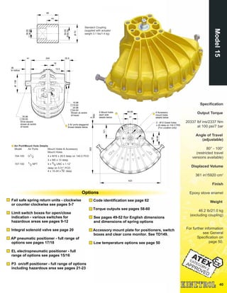 40
Model15
Standard Coupling
(supplied with actuator
weight 3.1 lbs/1.4 kg)
Specification
Output Torque
20337 lbf ins/2337 Nm
at 100 psi/7 bar
Angle of Travel
(adjustable)
80° - 100°
(restricted travel
versions available)
Displaced Volume
361 in3
/5920 cm3
Finish
Epoxy stove enamel
Weight
46.2 lb/21.0 kg
(excluding coupling)
For further information
see General
Specification on
page 50.
Fail safe spring return units - clockwise
or counter clockwise see pages 5-7
Limit switch boxes for open/close
indication - various switches for
hazardous areas see pages 9-12
Integral solenoid valve see page 20
AP pneumatic positioner - full range of
options see pages 17/18
EL electropneumatic positioner - full
range of options see pages 15/16
P3 on/off positioner - full range of options
including hazardous area see pages 21-23
Code identification see page 62
Torque outputs see pages 58-60
See pages 49-52 for English dimensions
and dimensions of spring options
Accessory mount plate for positioners, switch
boxes and clear cone monitor. See TD149.
Low temperature options see page 50
Options
Air Port/Mount Hole Details
Model Air Ports Mount Holes & Accessory
Mount Holes
154-100 G1/2 4 x M16 x 28.5 deep on 140.0 PCD
4 x M5 x 10 deep
157-100 1/2 NPT 4 x 5/8 UNC x 1.12”
deep on 5.51” PCD
4 x 10-24 x 3
∕8” deep
433
353
101
5
Max.
98.99
31
4 Mount holes
each side
details below
80
98.99
4 Accessory
mount holes
details below
2 - Ø12 Dowel holes
x 20 deep on 102 CTRS
(For Location only)
245
16
41 35.5
36
to radius
12.5
2 Air ports staggered
thread details below
35.98
35.93
Drive square
shown at centre
of travel.
15.98
15.93
24.98
24.93
Shown at centre
of travel.
138Ø
70Ø
50.05
50.00Ø
44
80
36.05
36.00
 