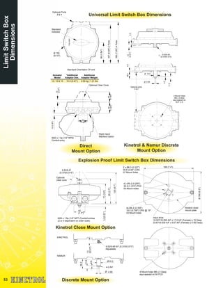 53
LimitSwitchBox
Dimensions
Explosion Proof Limit Switch Box Dimensions
Direct
Mount Option
Kinetrol & Namur Discrete
Mount Option
Universal Limit Switch Box Dimensions
Standard Orientation Of Unit
KINETROL
Optional Ports
3 & 4
Ø 155
(6.10")
Standard
Indicator
90(3.54")
167(6.58")2Ports
180(7.09")4Ports
48
(1.89")
42
(1.65")
Right Hand
Blanked Option
10(0.39")
46
(1.78")
12
(0.47")
Optional Clear Cone
M20 x 1.5p (1/2" NPS)
Conduit entry
9.53/9.48
(0.375/0.373)
13
(0.51")4.0
4.036.0
15.0Ø
4.95Ø
4.0
4 Mount Holes
M6 x 5 deep
equi-spaced on
50 P.C.D
Optional ports
3 & 4
11.5
120(4.7")
95(3.7")
77(3.0")12(0.51")
189 (7.4")
M20 x 1.5p (1/2" NPT) Conduit entries
(2 or 4 dependent on order code)
42
(1.7")
Ø160(6.3")
Input drive
16.027/16.000 A/F x 17.0 A/F (Female) x 15 Deep
(0.631/0.630 A/F x 0.67 A/F (Female) x 0.59 Deep)
4x Ø4.2 (0.165")
18.0 (0.708") CRS @ 15º
03 Mount holes
4 x Ø5.2 (0.205")
34.9 (1.374") PCD
05 Mount holes
2 x Ø8.3 (0.327")
50.8 (2.00") CRS
07 Mount holes
9.53/9.47
(0.375/0.373")
13
(0.31")
9.53/9.48 A/F (0.375/0.373")
Adjustable
KINETROL
NAMUR
4 Mount holes M6 x 5 Deep
equi-spaced on 50 PCD
36.0
11.5
4.0
4.95Ø
Ø15.0
4.0 A/F
Optional
clear cone
Kinetrol close
mount plate
Kinetrol Close Mount Option
Discrete Mount Option
Actuator
Model
*Additional
Adaptor Dim.
Additional
Adaptor Weight
12, 14 & 15 15.5 (0.61") 0.56 kg / 1.21 lbs
 