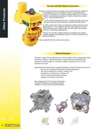 Kinetrol’s double acting and spring return electrohydraulic actuators
are designed for use in locations without a compressed air
supply. A hydraulic pump delivers pressurised oil to a Kinetrol
quarter-turn actuator, providing a double acting torque output
up to 1220 Nm/10800 lbf in.
In the case of single acting units, a Kinetrol spring return and
fail-open solenoid valve produce a positive fail-safe action.
A 100% rated pump motor and pressure release valve provide
stall protection. This, together with the units capacity for up to
3000 starts per hour, make it ideal for both high cycle double
acting or modulating applications.
Various AC and DC voltage builds are available and options
include auxiliary limit switches and/or a 4-20 mA transducer for
position feedback.
See leaflet KF-503 for further information.
61
OtherProducts
Spring Fail-Safe Electric Actuators
Kinetrol’s range of fluid dashpots are used to steady drives, decelerate motion
and damp vibration. Standard designs include fixed and adjustable rate
devices for limited angle or continuous rotation damping in one or both
directions of travel.
Applications for these robust, industrial dampers include the precise control of:
- tension on wire/paper/film/textile handling equipment
- the rate of descent of curtains, shutters, etc.
- oscillations of pendulums, gimbals, etc.
- jerk on camera & simulator systems
- vibration on transfer machinery.
Rotary Dampers
See catalogue KF-72 for more information.
If required, Kinetrol can engineer special
designs to meet customers specifications.
 