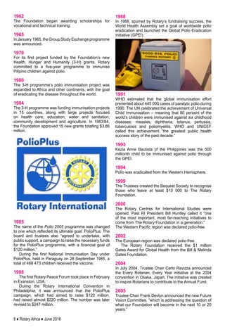 8 ♦ Rotary Africa ♦ June 2016
1962
The Foundation began awarding scholarships for
vocational and technical training.
1965
In January 1965, the Group Study Exchange programme
was announced.
1979
For its first project funded by the Foundation’s new
Health, Hunger and Humanity (3-H) grants, Rotary
committed to a five-year programme to immunise
Pilipino children against polio.
1980
The 3-H programme’s polio immunisation project was
expanded to Africa and other continents, with the goal
of eradicating the disease throughout the world.
1984
The 3-H programme was funding immunisation projects
in 15 countries, along with large projects focused
on health care, education, water and sanitation,
community development and agriculture. In 1983/84,
the Foundation approved 15 new grants totalling $3.86
million.
1985
The name of the Polio 2005 programme was changed
to one which reflected its ultimate goal: PolioPlus. The
board and trustees also “agreed to undertake, with
public support, a campaign to raise the necessary funds
for the PolioPlus programme, with a financial goal of
$120 million.”
During the first National Immunisation Day under
PolioPlus, held in Paraguay on 28 September 1985, a
total of 468 473 children received the vaccine.
1988
The first Rotary Peace Forum took place in February
in Evanston, USA.
During the Rotary International Convention in
Philadelphia, it was announced that the PolioPlus
campaign, which had aimed to raise $120 million,
had raised almost $220 million. The number was later
revised to $247 million.
1988
In 1988, spurred by Rotary’s fundraising success, the
World Health Assembly set a goal of worldwide polio
eradication and launched the Global Polio Eradication
Initiative (GPEI).
1991
WHO estimated that the global immunisation effort
prevented about 445 000 cases of paralytic polio during
1990. The UN celebrated the achievement of Universal
Child Immunisation – meaning that 80 percent of the
world’s children were immunised against six childhood
diseases: measles, diphtheria, tetanus, pertussis,
tuberculosis and poliomyelitis. WHO and UNICEF
called this achievement “the greatest public health
success story of the past decade.”
1993
Kezia Anne Bautista of the Philippines was the 500
millionth child to be immunised against polio through
the GPEI.
1994
Polio was eradicated from the Western Hemisphere.
1999
The Trustees created the Bequest Society to recognise
those who leave at least $10 000 to The Rotary
Foundation.
2000
The Rotary Centres for International Studies were
opened. Past RI President Bill Huntley called it “one
of the most important, most far-reaching initiatives to
come from The Rotary Foundation in a generation.”
The Western Pacific region was declared polio-free.
2002
The European region was declared polio-free.
The Rotary Foundation received the $1 million
Gates Award for Global Health from the Bill & Melinda
Gates Foundation.
2004
In July 2004, Trustee Chair Carlo Ravizza announced
the Every Rotarian, Every Year initiative at the 2004
convention in Osaka, Japan. The initiative was created
to inspire Rotarians to contribute to the Annual Fund.
2005
Trustee Chair Frank Devlyn announced the new Future
Vision Committee, “which is addressing the question of
what our Foundation will become in the next 10 or 20
years.”
 