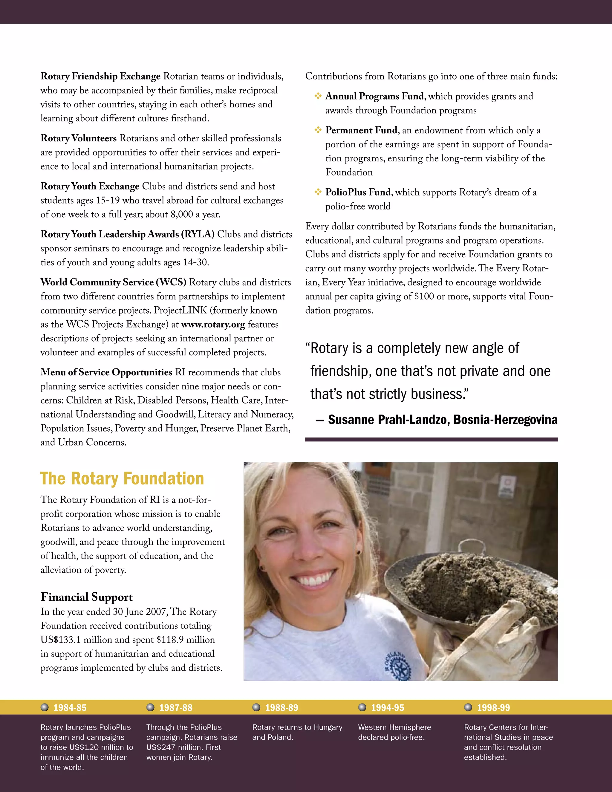 Rotary Friendship Exchange Rotarian teams or individuals,              Contributions from Rotarians go into one of three main funds:
who may be accompanied by their families, make reciprocal
                                                                           Annual Programs Fund, which provides grants and
visits to other countries, staying in each other’s homes and
                                                                            awards through Foundation programs
learning about different cultures firsthand.
                                                                           Permanent Fund, an endowment from which only a
Rotary Volunteers Rotarians and other skilled professionals
                                                                            portion of the earnings are spent in support of Founda-
are provided opportunities to offer their services and experi-
                                                                            tion programs, ensuring the long-term viability of the
ence to local and international humanitarian projects.
                                                                            Foundation
Rotary Youth Exchange Clubs and districts send and host
                                                                           PolioPlus Fund, which supports Rotary’s dream of a
students ages 15-19 who travel abroad for cultural exchanges
                                                                            polio-free world
of one week to a full year; about 8,000 a year.
                                                                       Every dollar contributed by Rotarians funds the humanitarian,
Rotary Youth Leadership Awards (RYLA) Clubs and districts
                                                                       educational, and cultural programs and program operations.
sponsor seminars to encourage and recognize leadership abili-
                                                                       Clubs and districts apply for and receive Foundation grants to
ties of youth and young adults ages 14-30.
                                                                       carry out many worthy projects worldwide. The Every Rotar-
World Community Service (WCS) Rotary clubs and districts               ian, Every Year initiative, designed to encourage worldwide
from two different countries form partnerships to implement            annual per capita giving of $100 or more, supports vital Foun-
community service projects. ProjectLINK (formerly known                dation programs.
as the WCS Projects Exchange) at www.rotary.org features
descriptions of projects seeking an international partner or
volunteer and examples of successful completed projects.               “Rotary is a completely new angle of
Menu of Service Opportunities RI recommends that clubs                  friendship, one that’s not private and one
planning service activities consider nine major needs or con-
cerns: Children at Risk, Disabled Persons, Health Care, Inter-          that’s not strictly business.”
national Understanding and Goodwill, Literacy and Numeracy,
                                                                          — Susanne Prahl-Landzo, Bosnia-Herzegovina
Population Issues, Poverty and Hunger, Preserve Planet Earth,
and Urban Concerns.


The Rotary Foundation
The Rotary Foundation of RI is a not-for-
profit corporation whose mission is to enable
Rotarians to advance world understanding,
goodwill, and peace through the improvement
of health, the support of education, and the
alleviation of poverty.

Financial Support
In the year ended 30 June 2007, The Rotary
Foundation received contributions totaling
US$133.1 million and spent $118.9 million
in support of humanitarian and educational
programs implemented by clubs and districts.



   1984-85                      1987-88                     1988-89                     1994-95                  1998-99
Rotary launches PolioPlus    Through the PolioPlus       Rotary returns to Hungary   Western Hemisphere       Rotary Centers for Inter-
program and campaigns        campaign, Rotarians raise   and Poland.                 declared polio-free.     national Studies in peace
to raise US$120 million to   US$247 million. First                                                            and conflict resolution
immunize all the children    women join Rotary.                                                               established.
of the world.
 