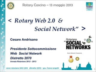 Rotary Cascina – 13 maggio 2013
1
Cesare Andrisano
Presidente Sottocommissione
Web Social Network
Distretto 2070
Annata Rotariana 2012 - 2013
< Rotary Web 2.0 &
Social Network” >
 