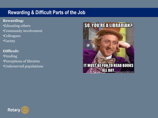 Rewarding & Difficult Parts of the Job
Rewarding:
•Educating others
•Community involvement
•Colleagues
•Variety
Difficult:
•Funding
•Perceptions of libraries
•Underserved populations
 