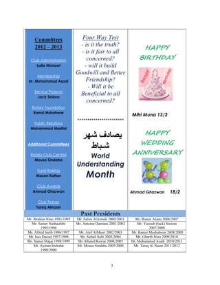 Committees                 Four Way Test
                               - is it the truth?
    2012 – 2013                                                     HAPPY
                               - is it fair to all
  Club Administration             concerned?                     BIRTHDAY
     Laila Hinnawi               - will it build
      Membership
                             Goodwill and Better
 Dr. Mohammad Asadi              Friendship?
                                   - Will it be
    Service Projects
      Jack Siniora
                              Beneficial to all
                                  concerned?
   Rotary Foundation
    Ramzi Mshahwar
                                                             Mitri Muna 13/2
                             ***********************
   Public Relations
  Mohammad Madfai
                                                                    HAPPY
                                   <S ‫دف‬
                                                                  WEDDING
Additional Committees
                                    ‫ـ ط‬S
                                                             ANNIVERSARY
  Rotary Club Central
    Mousa Sindaha
                                World
                             Understanding
     Fund Raising
     Mazen Kattan                 Month
     Club Awards
   Ahmad Ghazwan                                             Ahmad Ghazwan        18/2

      Club Trainer
     Tareq Alnaser
                               Past Presidents
Mr. Ibrahim Nino 1993/1995   Mr. Salim AlArmali 2000/2001      Mr. Ramzi Alami 2006/2007
   Mr. Samer Nashashibi      Mr. Antoine Damiani 2001/2002       Mr. Yacoub (Jack) Siniora
         1995/1996                                                      2007/2008
Mr. Alfred Salib 1996/1997   Mr. Atef AlMasri 2002/2003      Mr. Ramzi Mushahwar 2008/2009
 Mr. Issa Daoud 1997/1998     Mr. Suhail Salti 2003/2004        Mr. Gharib Nino 2009/2010
Mr. Samer Majaj 1998/1999    Mr. Khaled Kawar 2004/2005      Dr. Mohammed Asadi 2010/2011
    Mr. Ayman Irshedat       Mr. Mousa Sindaha 2005/2006      Mr. Tareq Al Naser 2011/2012
         1999/2000



                                                 3
 