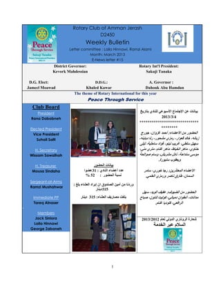 Rotary Club of Amman Jerash
                                      D2450
                                     Weekly Bulletin
                         Letter committee : Laila Hinnawi, Ramzi Alami
                                   Month: March 2013
                                    E-News letter #15
                 District Governor:                                 Rotary Int'l President:
                 Kevork Mahdessian                                     Sakuji Tanaka

     D.G. Elect:                          D.D.G.:                      A. Governor :
    Jameel Moawad                 Khaled Kawar                      Dahouk Abu Hamdan
                            The theme of Rotary International for this year
                                      Peace Through Service
      Club Board
        President                                                   ( ‫* $ دي ) ر‬ +,‫ا0/). ع ا‬ ‫ت‬
     Rana Dababneh                                                             2013/3/4
                                                                    *****************************
     Elected President                                                         ********
       Vice President                                                ‫ر ا, ء: أ5. 43وان، / رج‬       ‫ا‬
         Suhail Salti                                               ،6 ‫ز 6، 8 7" ار، ر 3ي ! ر، ر د‬
                                                                     :$ ، $5 + ‫+@ ? +$>*، 4 = ، <;اد‬
        H. Secretary                                                ،: ‫ ط، ھ 4 م، ) ي‬D ‫5 وي، ھ ا‬
     Wissam Sawalhah                                                   ‫ ا‬E ‫، و+ م‬F ! ?G ، 5‫+: + ا‬
                                                                               .‫ ب + رة‬K" ‫و‬
       H. Treasurer                      ‫ر‬     ‫تا‬
      Mousa Sindaha              ‫ا‬      31 : ‫ء ا دي‬   ‫دأ‬                 + ،‫ر : ر/ 8 ري‬L)". ‫ا, ء ا‬
                                     % 52 : ‫ر‬       ‫ا‬                  .*.$" ‫ ور 3ي ا‬E ‫ا . ن، ط رق‬
     Sergeant-at-Arms
                           : #$ ‫وق ان إ اد ا "! ء‬   ‫ا‬   ‫أ‬     ‫ورد‬
     Ramzi Mushahwar
                                          ‫513د ر‬
                                                                     ?@+ ، ‫ % ا‬N :‫ف‬       ‫ر ا‬     ‫ا‬
      Immediate PP             ‫ر % ا "! ء: 513 د ر‬      &'$         ‫ ح‬E ،‫ & ) ن‬P ،* ‫ا ت، أ > ان د‬
      Tareq Alnaser                                                         .‫$ د 4 م‬P ،*"<‫ا ا‬
-
        Members
       Jack Siniora                                                  2013/2012 ‫ ري ا و * " م‬Q‫" رة ا و‬R
      Laila Hinnawi                                                             D‫ا‬       ‫م‬S ‫ا‬
     George Zabaneh




                                                    1
 
