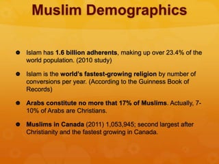 Muslim Demographics
 Islam has 1.6 billion adherents, making up over 23.4% of the
world population. (2010 study)
 Islam is the world’s fastest-growing religion by number of
conversions per year. (According to the Guinness Book of
Records)
 Arabs constitute no more that 17% of Muslims. Actually, 7-
10% of Arabs are Christians.
 Muslims in Canada (2011) 1,053,945; second largest after
Christianity and the fastest growing in Canada.
 