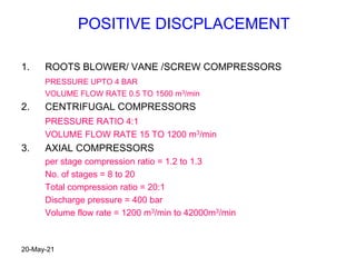 POSITIVE DISCPLACEMENT
1. ROOTS BLOWER/ VANE /SCREW COMPRESSORS
PRESSURE UPTO 4 BAR
VOLUME FLOW RATE 0.5 TO 1500 m3/min
2. CENTRIFUGAL COMPRESSORS
PRESSURE RATIO 4:1
VOLUME FLOW RATE 15 TO 1200 m3/min
3. AXIAL COMPRESSORS
per stage compression ratio = 1.2 to 1.3
No. of stages = 8 to 20
Total compression ratio = 20:1
Discharge pressure = 400 bar
Volume flow rate = 1200 m3/min to 42000m3/min
20-May-21
 
