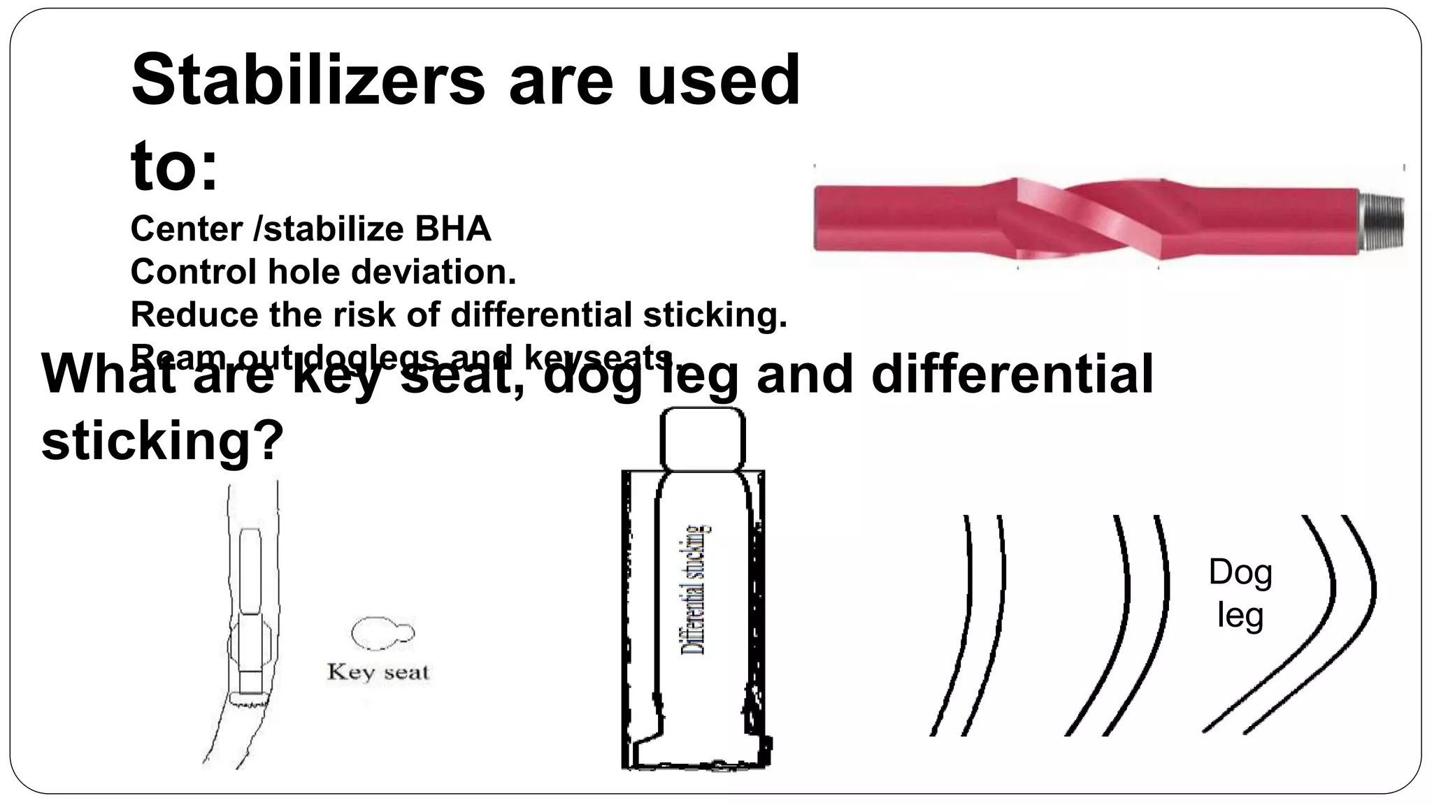 Stabilizers are used
to:
Center /stabilize BHA
Control hole deviation.
Reduce the risk of differential sticking.
Ream out doglegs and keyseats.
Dog
leg
What are key seat, dog leg and differential
sticking?
 
