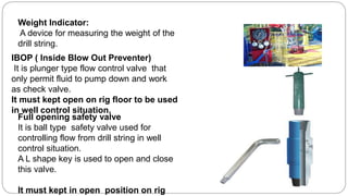 Weight Indicator:
A device for measuring the weight of the
drill string.
IBOP ( Inside Blow Out Preventer)
It is plunger type flow control valve that
only permit fluid to pump down and work
as check valve.
It must kept open on rig floor to be used
in well control situation.
Full opening safety valve
It is ball type safety valve used for
controlling flow from drill string in well
control situation.
A L shape key is used to open and close
this valve.
It must kept in open position on rig
 