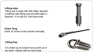 Lifting subs
lifting sub is used with drill collar, elevator
is latched with lifting sub and drill collar is
lowered in or pull out from bore hole
Lifting Cap
It is make up on tubular box to pick up or
lay down tubular with air host hook.
Chain Tong
Used to screw in two tubular manually.
 