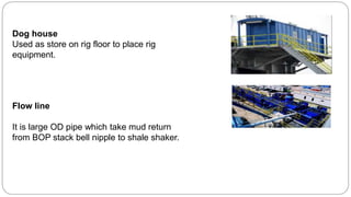 Dog house
Used as store on rig floor to place rig
equipment.
Flow line
It is large OD pipe which take mud return
from BOP stack bell nipple to shale shaker.
 