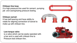 Chiksan line loop
It is high pressure line used for cement pumping
job and casing/tubing pressure testing.
Chiksan swivel:
It has ball bearing and have ability to
rotate for aligning connection of swivel to
make up with chiksan line.
Low torque valve
is a valve which can be easily operated with
a bar and is used with chiksan line to
Pressure test chiksan line .
 