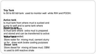 Trip Tank
Is 50 to 60 bbl tank used to monitor well while RIH and POOH.
Reserve tank
Is mud tank where extra mud is prepared
and stored and can be transferred to active
tank when needed.Water tank
Store water for mixing mud, cement slurry
or for draw work brake cooling purposes
Diesel tank
Store diesel for mixing oil base mud, OBM
is used to drill reactive shale
Active tank
Is mud tank from where mud is sucked and
pump to well and is same tank where
return come back.
 