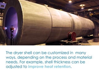 The dryer shell can be customized in many
ways, depending on the process and material
needs. For example, shell thickness can be
adjusted to improve heat retention.
 