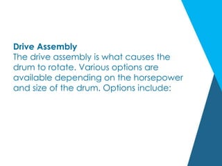 Drive Assembly
The drive assembly is what causes the
drum to rotate. Various options are
available depending on the horsepower
and size of the drum. Options include:
 
