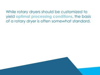 While rotary dryers should be customized to
yield optimal processing conditions, the basis
of a rotary dryer is often somewhat standard.
 