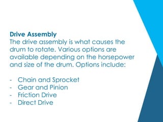 Drive Assembly
The drive assembly is what causes the
drum to rotate. Various options are
available depending on the horsepower
and size of the drum. Options include:
- Chain and Sprocket
- Gear and Pinion
- Friction Drive
- Direct Drive
 