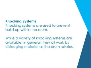 Knocking Systems
Knocking systems are used to prevent
build-up within the drum.
While a variety of knocking systems are
available, in general, they all work by
dislodging material as the drum rotates.
 