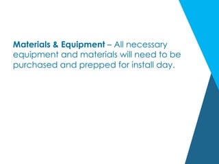 Materials & Equipment – All necessary
equipment and materials will need to be
purchased and prepped for install day.
 