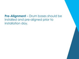 Pre-Alignment – Drum bases should be
installed and pre-aligned prior to
installation day.
 