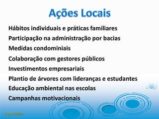 Joper Padrão
Hábitos individuais e práticas familiares
Participação na administração por bacias
Medidas condominiais
Colaboração com gestores públicos
Investimentos empresariais
Plantio de árvores com lideranças e estudantes
Educação ambiental nas escolas
Campanhas motivacionais
 