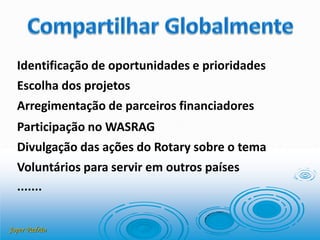 Joper Padrão
Identificação de oportunidades e prioridades
Escolha dos projetos
Arregimentação de parceiros financiadores
Participação no WASRAG
Divulgação das ações do Rotary sobre o tema
Voluntários para servir em outros países
.......
 
