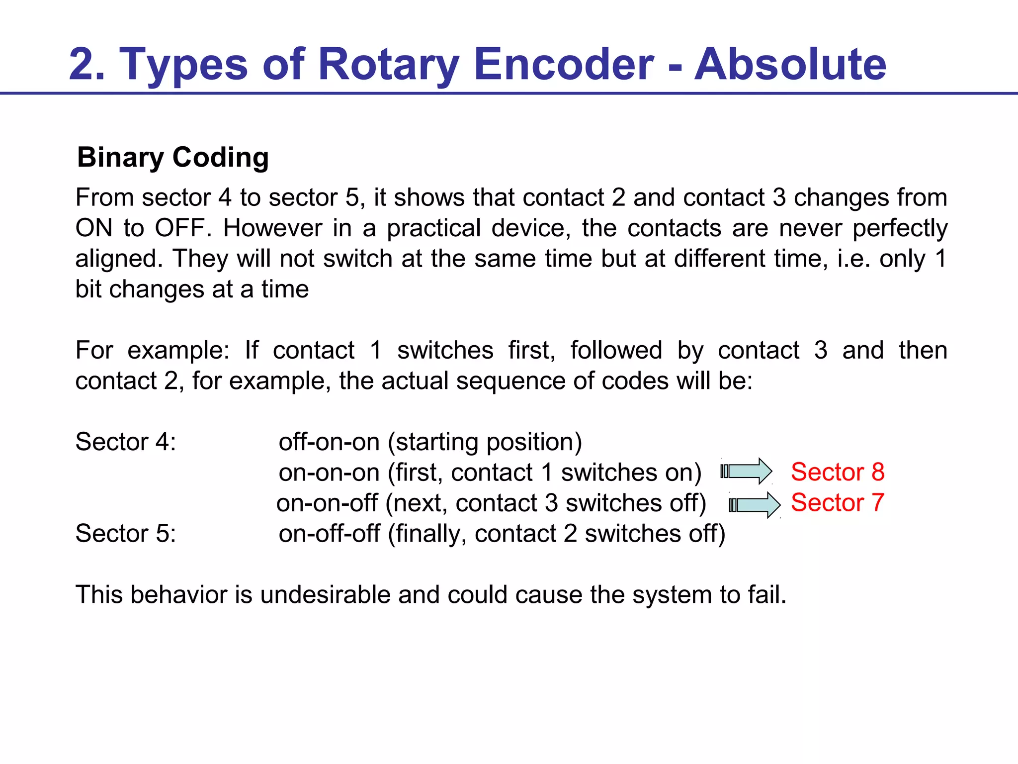 2. Types of Rotary Encoder - Absolute
Binary Coding
From sector 4 to sector 5, it shows that contact 2 and contact 3 changes from
ON to OFF. However in a practical device, the contacts are never perfectly
aligned. They will not switch at the same time but at different time, i.e. only 1
bit changes at a time
For example: If contact 1 switches first, followed by contact 3 and then
contact 2, for example, the actual sequence of codes will be:
Sector 4:
Sector 5:

off-on-on (starting position)
on-on-on (first, contact 1 switches on)
on-on-off (next, contact 3 switches off)
on-off-off (finally, contact 2 switches off)

This behavior is undesirable and could cause the system to fail.

Sector 8
Sector 7

 