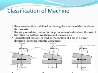 Classification of Machine
 Rotational motion is defined as the angular motion of the die about
its own axis.
 Rocking, or orbital, motion is the precession of a die about the axis of
the other die without rotation about its own axis.
 Translational motion, or feed, is the motion of a die in a linear
direction indenting into the work piece.
 