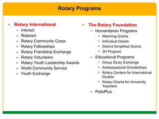 Rotary Programs Rotary International Interact Rotaract Rotary Community Corps Rotary Fellowships Rotary Friendship Exchange Rotary Volunteers Rotary Youth Leadership Awards World Community Service Youth Exchange The Rotary Foundation Humanitarian Programs Matching Grants  Individual Grants  District Simplified Grants  3H Program  Educational Programs Group Study Exchange  Ambassadorial Scholarships  Rotary Centers for International Studies Rotary Grants for University Teachers PolioPlus 