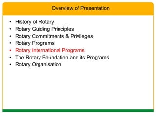 History of Rotary Rotary Guiding Principles Rotary Commitments & Privileges Rotary Programs Rotary International Programs The Rotary Foundation and its Programs Rotary Organisation Overview of Presentation 
