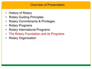 History of Rotary Rotary Guiding Principles Rotary Commitments & Privileges Rotary Programs Rotary International Programs The Rotary Foundation and its Programs Rotary Organisation Overview of Presentation 