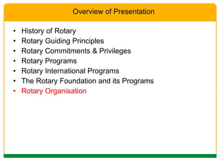 History of Rotary Rotary Guiding Principles Rotary Commitments & Privileges Rotary Programs Rotary International Programs The Rotary Foundation and its Programs Rotary Organisation Overview of Presentation 
