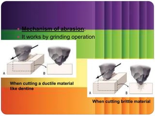  Mechanism of abrasion:
 It works by grinding operation
When cutting a ductile material
like dentine
When cutting brittle material
 