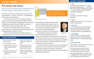 DISTRICT DEADLINES
DISTRICT CoRNER
                                                                                                                                             1 July
Put words into action                                                                                                                        For districts to submit endorsed 2011-13 Rotary
                                                                                                                                             Peace Fellowships applications … For districts to
Governor receives RI Vocational Service Leadership Award for                                                                                 begin submitting District Simplified Grant requests
his efforts to develop an ethics seminar in his district                                                                                     … For clubs and districts to begin submitting
                                                                            An Introduction to
                                                                                                 Find more information in the new            Matching Grant applications
If you have a passion for vocational service, share it with
                                                                            Vocational Service   publication An Introduction to Vocational
                                                                                                 Service	(255,	US$2	or	a	free	download).     15 July
other Rotarians — and your community — by developing a                                                                                       For districts to submit 2010-11 PR grant
related event or ethics seminar.                                                                                                             applications
   “Our first job is to serve the community, and ethics is
                                                                                                                                             31 July
a major concern in the community,” says 2009-10 District
                                                                                                                                             For 2009-10 district governors to submit governor
Governor Suraj “Raj” Bhatia, who organized an ethics seminar          States Military Academy at West Point, New                             allocation expense reports
for high school students that also helped boost Rotary’s              York, who discussed the military’s code of
public image in District 7490 (New Jersey, USA).                      ethics and facilitated discussion groups. More
                                                                                                                                             31 August
                                                                                                                                             For 2011 New Orleans convention attendees to
   Because of his initiative, Bhatia was one of several               than 150 youth, including many Interactors
                                                                                                                                             submit group housing requests to the official
district governors recognized with the RI Vocational Service          and Rotary Youth Leadership Awards
                                                                                                                                             housing agent, Experient Inc. Requests after
Leadership Award, launched in 2009-10.                                participants, took part in the daylong event.                          31 August accepted on a space-available basis.
   The seminar featured Rotarian speakers as well as a                   During breakout discussions, students                Suraj Bhatia
                                                                                                                                             1 september
retired lieutenant colonel and young cadets from the United           worked through role-playing exercises to
                                                                                                                                             For district governors, immediate past district
                                                                      explore how to apply The Four-Way Test to their daily lives.
                                                                                                                                             governors, RI directors, and past RI directors to
 PLAN youR EVENT                                                      “We talk about situations such as cheating on an exam, or if           nominate Rotarians for the RI Service Above Self
 Here are some tips to organize     •	 	 iscuss	The	Four-Way	Test	
                                       D                              they heard a friend was doing something wrong,” says Bhatia.           Award
 an ethics seminar:                    and Rotary’s contribution to   “We ask them what their reaction would be and stress the
                                       ethics.                                                                                               Other nOtices
 •	 	nvite	the	public	to	attend.
    I                                                                 importance of [their] own values.”
                                                                                                                                             District governors: Consider nominations for RI and
 •	 	nclude	prominent	community	 •	 	 ffer	breakout	sessions	in	
    I                                O                                   To help plan the event, Bhatia drew upon his professional
                                                                                                                                             Rotary Foundation service awards.
    leaders and dynamic guest        which participants discuss       experience as a former business executive, and a related
    speakers.                        difficult ethical situations.    annual Rotary tradition in his region: a five-district                 Governors and governors-elect should log
                                                                                                                                             on to Member Access to update committee
 •	 	 ecognize	Rotarians	who	are	 •	 	 evelop	a	coinciding	youth	
    R                                D                                leadership and ethics conference that’s held each October for
                                                                                                                                             appointments, share ideas, and view reports.
    leading by example in their      program to include the entire    Vocational Service Month.
    professions.                     family of Rotary.                                                                                       Rotary Basics (595) appears in the August issue
                                                                                                                                             of The Rotarian and in Rotary regional magazines,
                                                                                                                                             with a multimedia version available online.
July 2010 | www.rotary.org/rotaryleader | rotary.leader@rotary.org
 